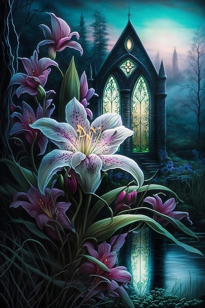 Fantasiewereld met magische bloemen en kasteel