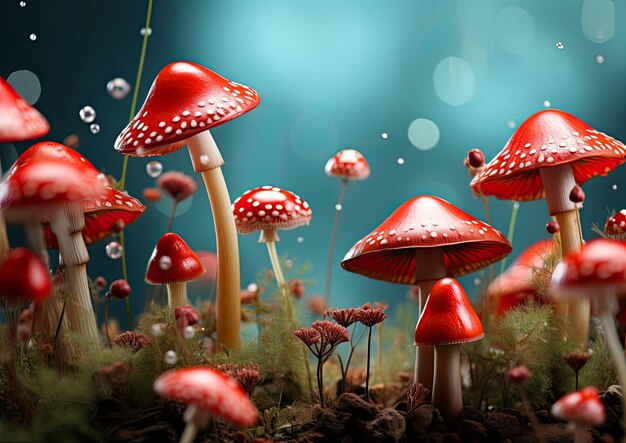 Fantastic abstract background with mushrooms red fly agarics on a blue background