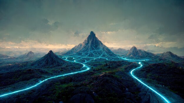 Fantastic alien planet landscape with blue energy flow 3D illustration Futuristic scifi 3d illustration Ai render