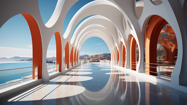 A fantastic arched promenade with a marble floor from the city of the future