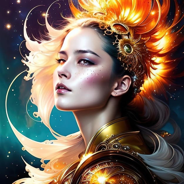 太陽爆発の幻想的な芸術の瞬間 金髪の女性