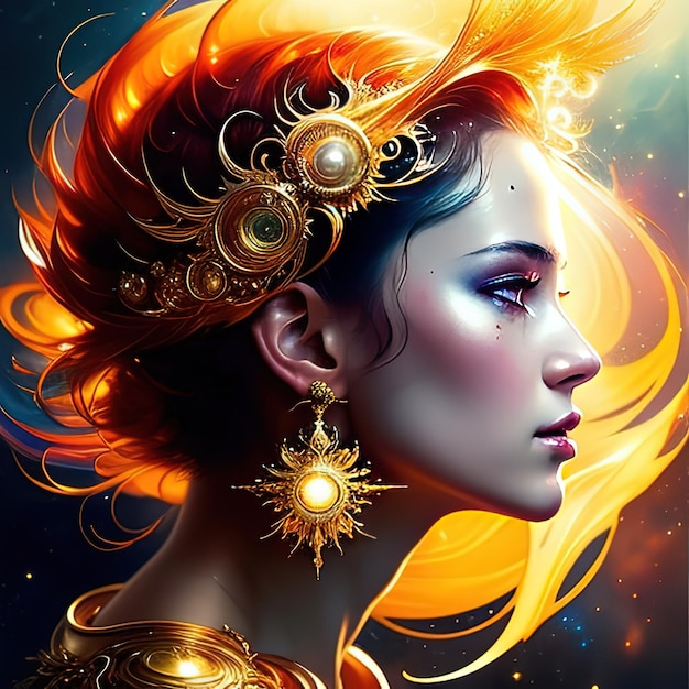 太陽爆発の幻想的な芸術の瞬間 金髪の女性