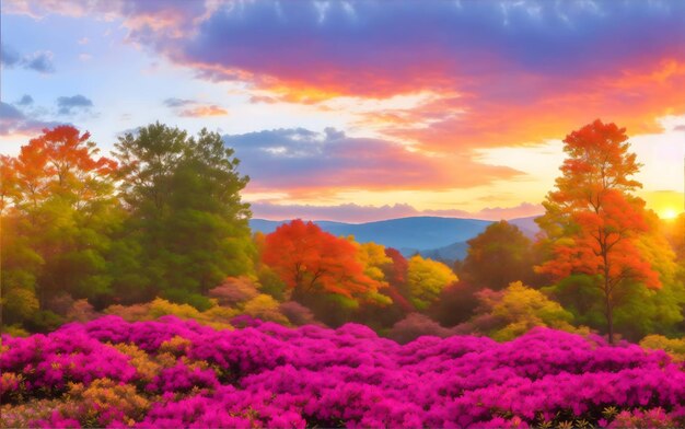 Photo fantastic autumn landscape amazing sunset with colorful sky in azalea and rhododendron park korma