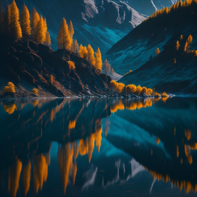 Fantastic autumn landscape with lake and mountain reflection Dramatic scene