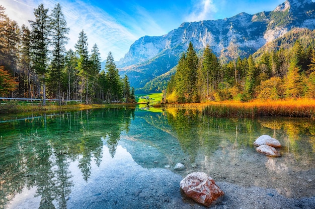 Fantastic autumn sunrise of Hintersee lake