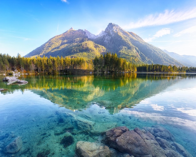 Fantastic autumn sunset of Hintersee lake