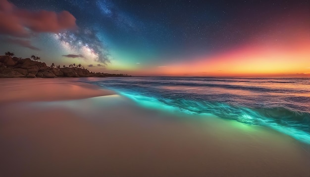 Фото Фантастический пляж красочный закат над океаном неоновые волны волшебный морской пейзаж облака со звездами