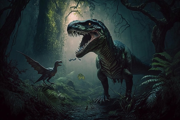 A fantastic blend of a raptor and trex dinosaur in a dark forest Generative Ai