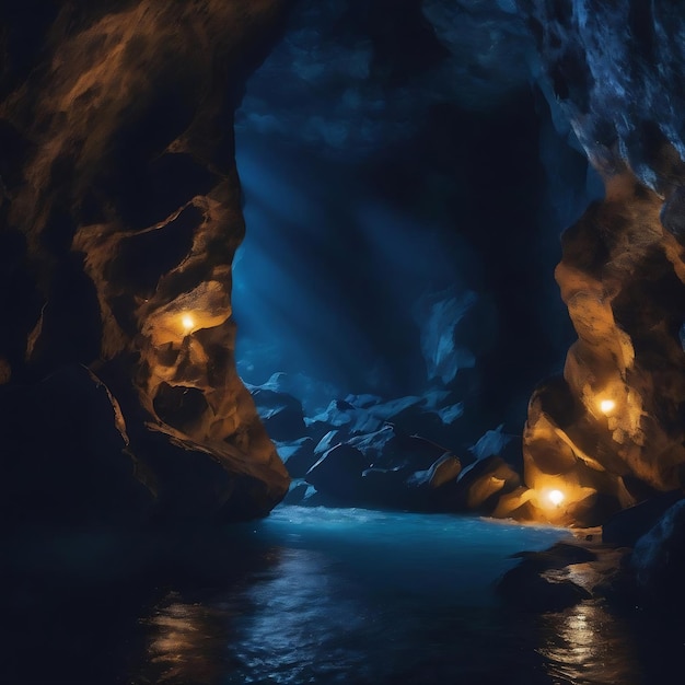 Фантастический размытый и боке темно-синий фон в пещере загадок