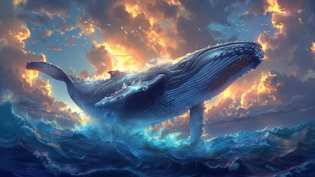 A fantastic cartoon style wallpaper background scene design with a story of the Flying Great Whale