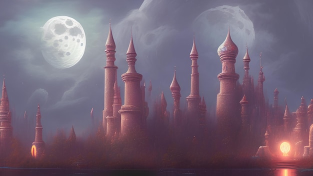 Fantastic castles with platnets and moons Castle on another planet