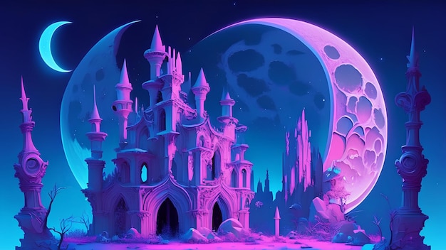 Fantastic castles with platnets and moons castle on another planet