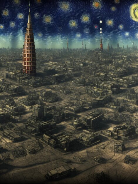 Фантастический город красивая сцена с дроном 3d рендеринг 3d иллюстрация