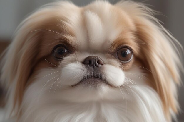 Fantastic closeup photo of a cute funny Japanese Chin on a light background