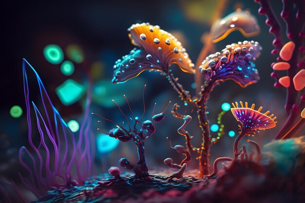 神秘的な暗い森のクローズアップで幻想的な色の虹光るキノコ魔法のつぶやき菌の美しいマクロショットアートデザインボーダー魔法の光生成AI