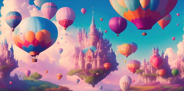 Fantastic colorful bright castles and balloons