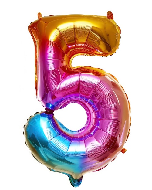 Fantastic colorful bright and vibrant birthday foil balloon in shape on number 5 isolated on white
