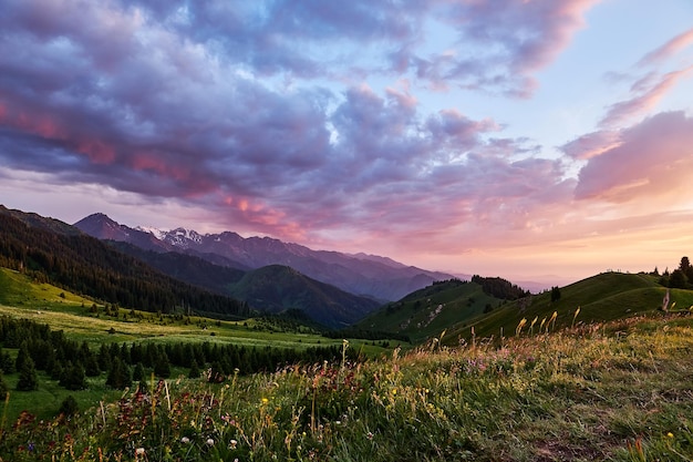 Fantastico tramonto colorato sull'altopiano di kok zhailau tianshan montagne almaty kazakistan