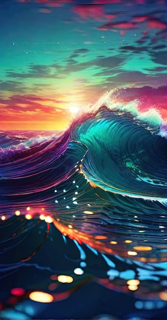 Foto fantastica ondata colorata nell'oceano al tramonto