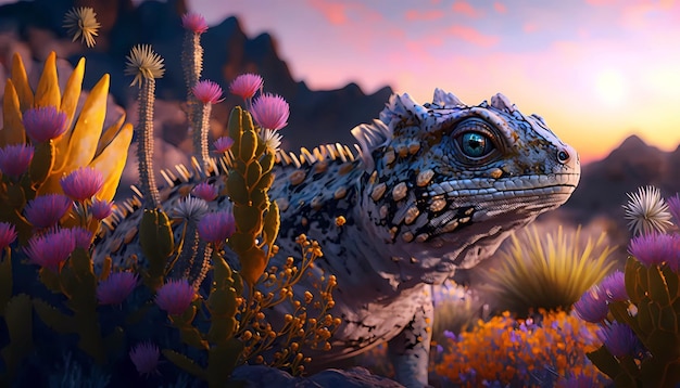 Fantastic creature among wildflowers against the backdrop of a beautiful sunset