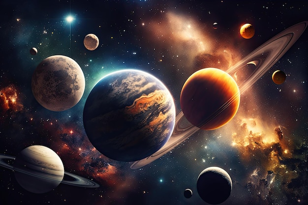 Photo fantastic diagram of the solar system with the sun and planets in space