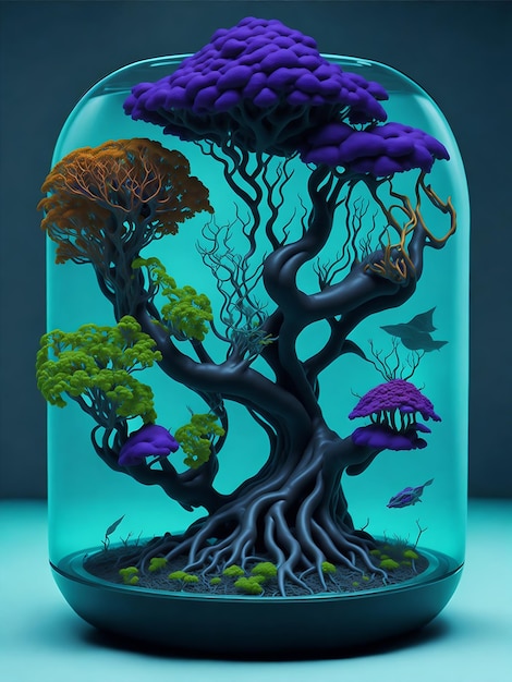 Fantastic digital glass design with bonsai tree