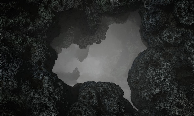 Fantastic entrance to the cave in the fog 3d illustration