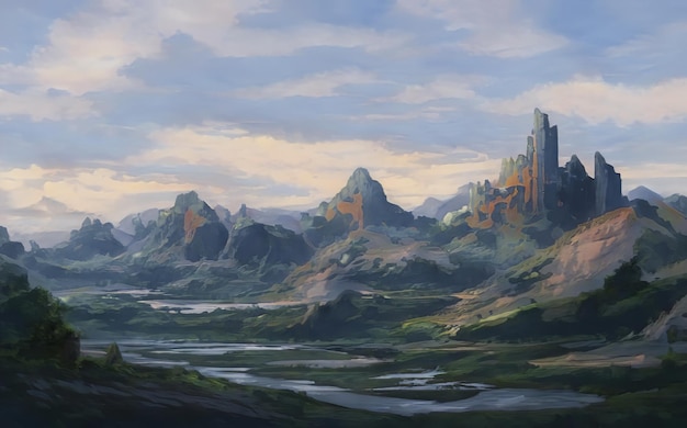山の幻想的な壮大な魔法の風景夏の自然神秘的な森のゲームRPGの背景