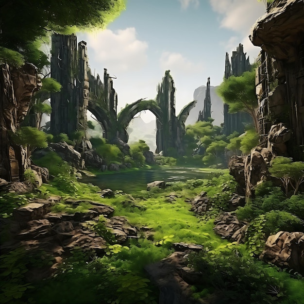 Fantastic Epic Magical Landscape of Forest Summer nature Mystic Valley for Game Asset