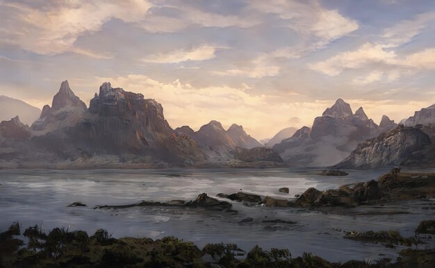 山の幻想的な壮大な魔法の風景夏の自然神秘的な森のゲームRPGの背景