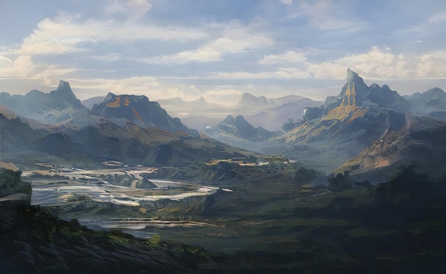 山の幻想的な壮大な魔法の風景夏の自然神秘的な森のゲームRPGの背景