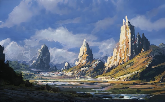 山の幻想的な壮大な魔法の風景夏の自然神秘的な森のゲームRPGの背景