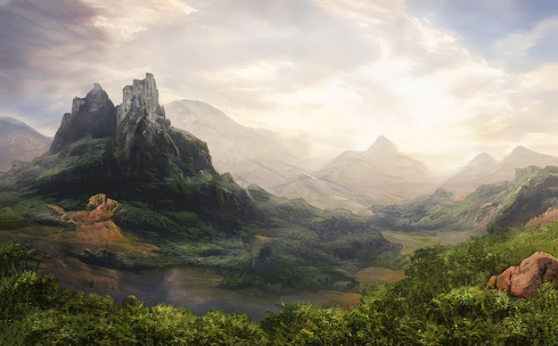 山の幻想的な壮大な魔法の風景。夏の自然。ミスティック バレー、ツンドラ、森、丘
