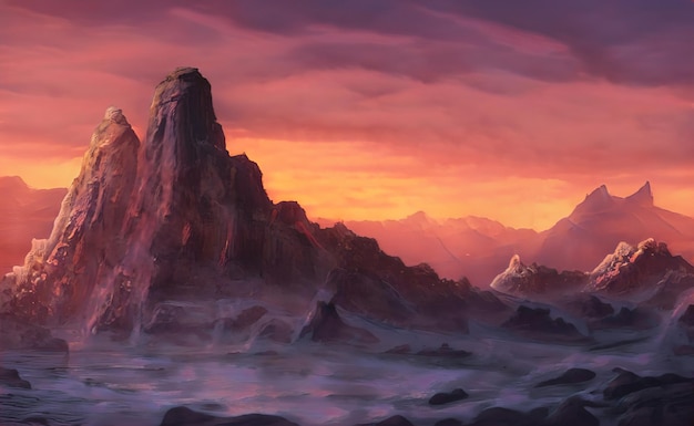 fantastic epic magical landscape of mountains. summer nature. mystic valley, tundra, forest, hills