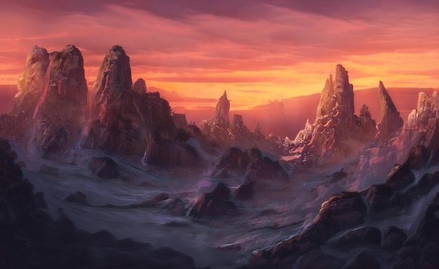 fantastic epic magical landscape of mountains. summer nature. mystic valley, tundra, forest, hills