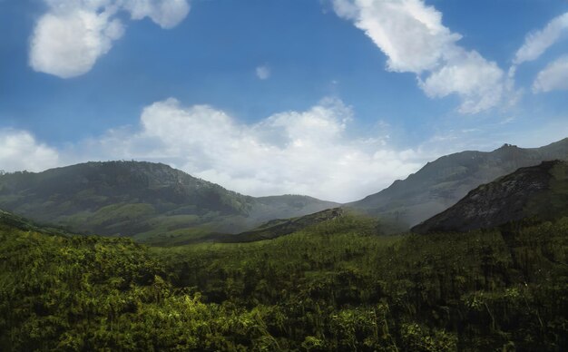 Fantastic epic magical landscape of mountains. summer nature. mystic valley, tundra, forest, hills