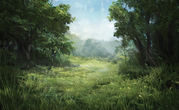 幻想的な壮大な魔法の風景夏の自然神秘的な森のゲームRPGの背景