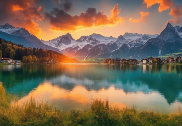 Fantastic evening mountain landscape Picturesque autumn sunset in Swiss alps Beauty of nature concept background