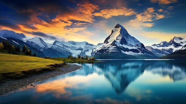 Photo fantastic evening panorama of bachalp lake bachalps