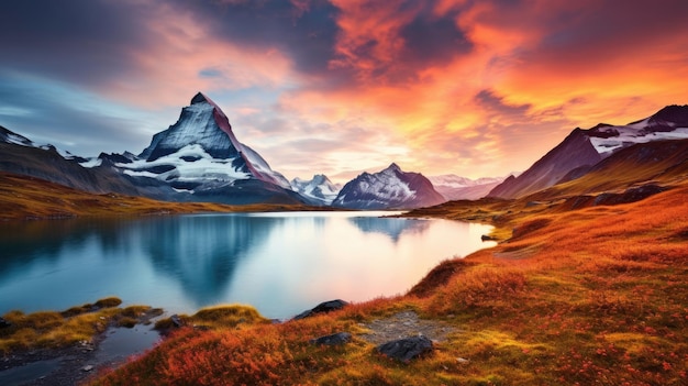 Fantastic evening panorama of Bachalp lake Bachalpsee Switzerland Picturesque autumn sunset in Swiss alps Grindelwald Bernese Oberland Europe Beauty of nature concept background