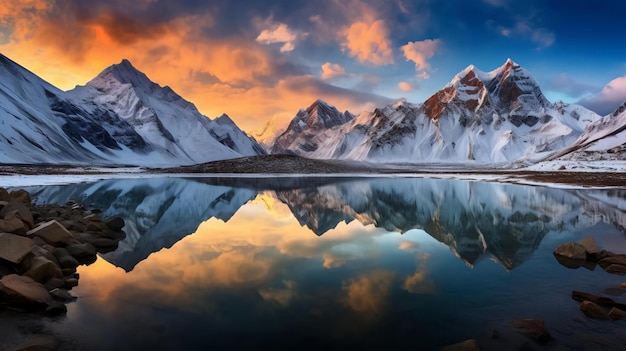 Fantastic evening panorama of Bachalp lake generated by ai