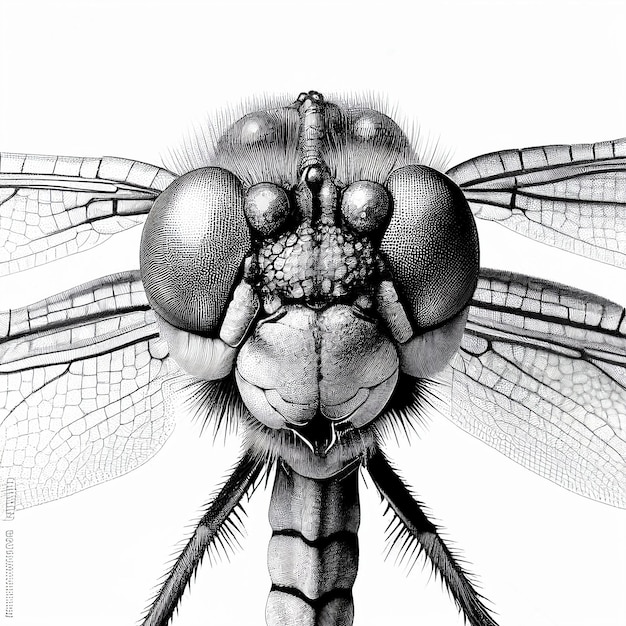 Foto macro del primo piano della libellula dell'occhio fantastico, visione sfaccettata degli insetti, illustrazione in bianco e nero,