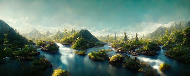 Fantastico paesaggio favoloso di montagne e fiumi che scorrono tra di loro