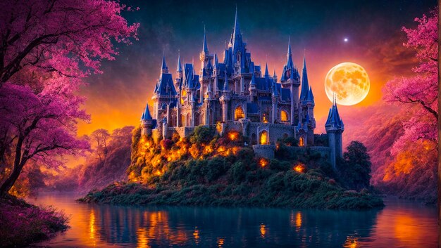 Fantastic fairytale castle night moon