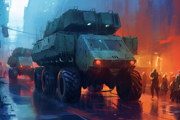 Fantastic fighting vehicle on the city street Near future Generative AI