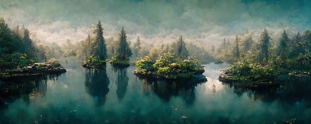 Fantastica foresta allagata con lago e alberi in stile fantasy