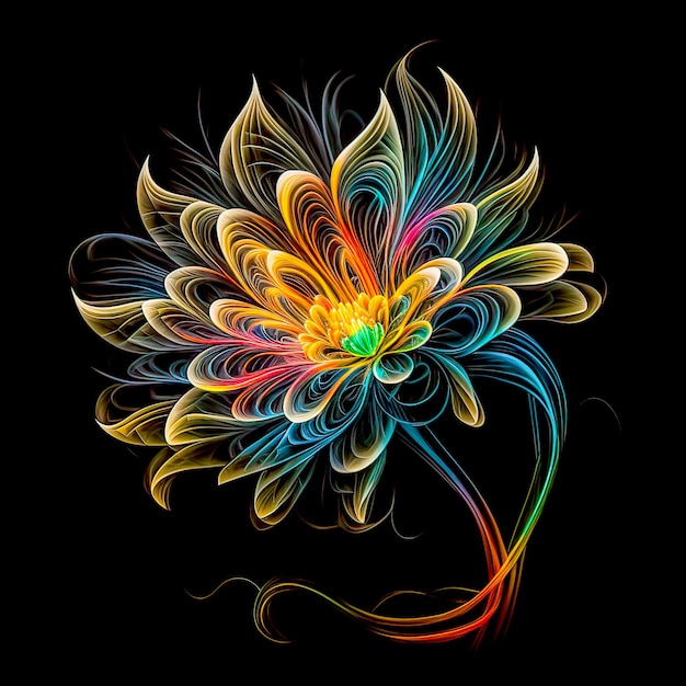 Фантастический цветок, нарисованный цветными светящимися линиями
