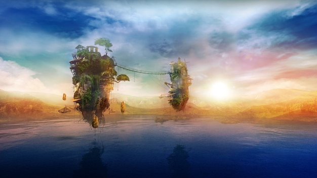 Fantastic flying islands over the lake at sunrise d render