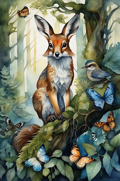 Fantastic forest creatures painting watercolor illustration photo