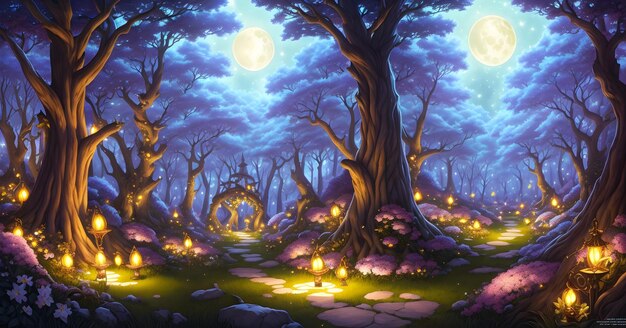 фантастический лес ночью с множеством фонарей